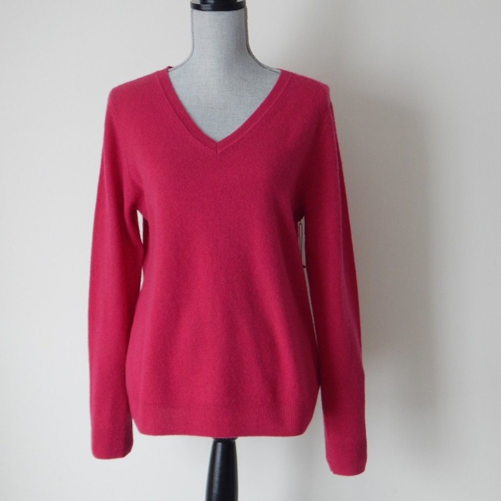 TAHARI 2-PLY 100% Cashmere V-Neck Pullover Sweater Raspberry  Women’s Large NWT